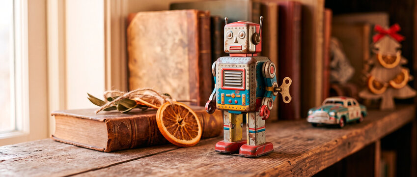 Vintage tin wind-up robot toy on a wooden tabletop beside antique books and dried orange. Retro toy display with miniature car and wooden Christmas tree. Antique toy collection.