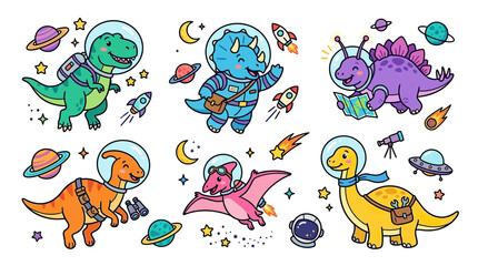 Cute cartoon dinosaurs in space costumes and planets © Tongseng