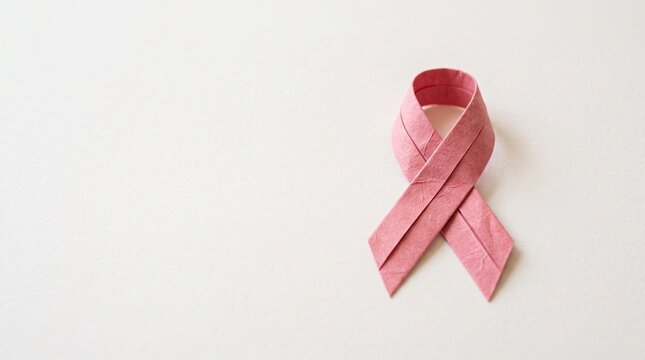 Pink origami ribbon for breast cancer awareness on a white background