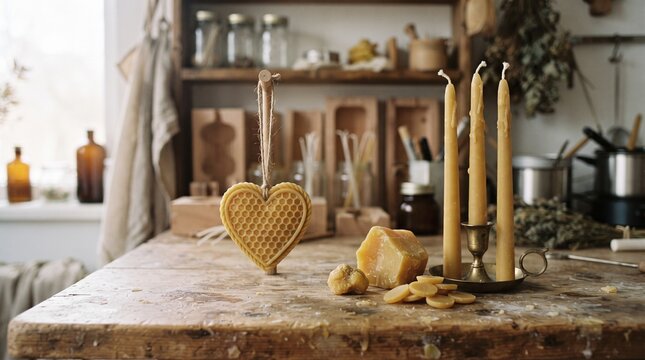 Handcrafted heart shaped beeswax ornament and taper candles on a rustic wooden workshop table