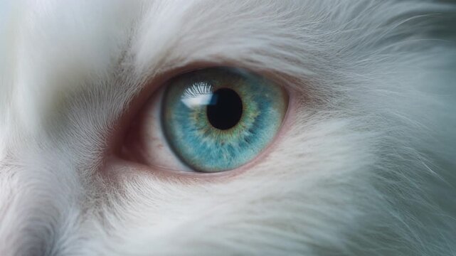 Extreme macro photorealistic footage of a cute Angora cat's eye, luminous aqua-cyan iris