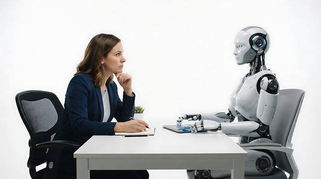 Professional woman sitting at a desk and interacting with an advanced humanoid robot assistant