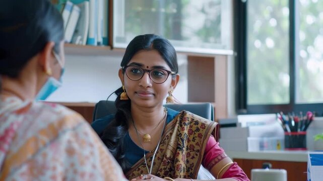 Smiling Indian Woman in Traditional Sari and Eyewear during an Office Consultation
