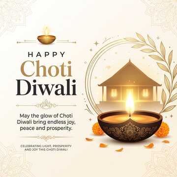Happy Choti Diwali Greeting Card With Glowing Diya and house silhouette festival greeting celebration