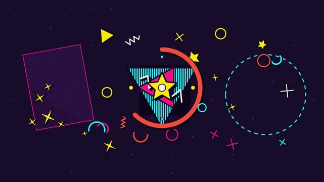 Retro Memphis style motion graphic with vibrant geometric shapes