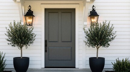 Fototapeta premium Modern farmhouse entrance features gray front door with black handle. Two olive trees in large black pots flank entrance. Stylish black lantern lights hang on white siding wall. Elegant porch design