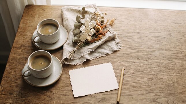 Romantic flat lay with two ceramic coffee cups and a dried flower bouquet on a wooden table