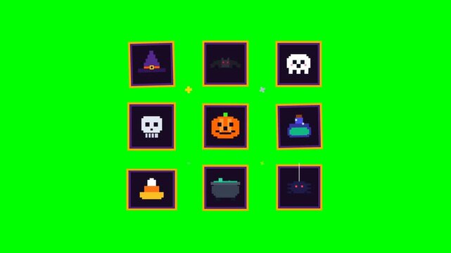 Halloween Pixel Art Icons Rotating on Green Background