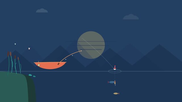 Small orange boat floating on calm lake at night with