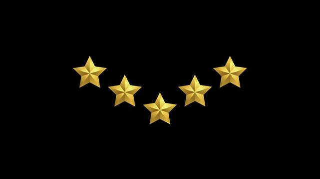 Gold five star rating animation for customer reviews feedback and quality evaluation on black background