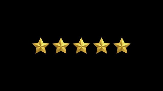 Gold five star rating review and feedback animation on black background 4K video