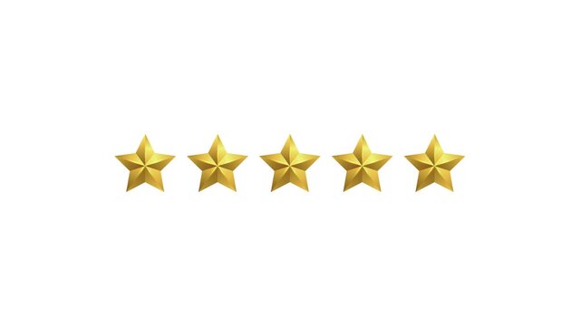 Gold five star rating review animation with shadow on clean white background 4K video