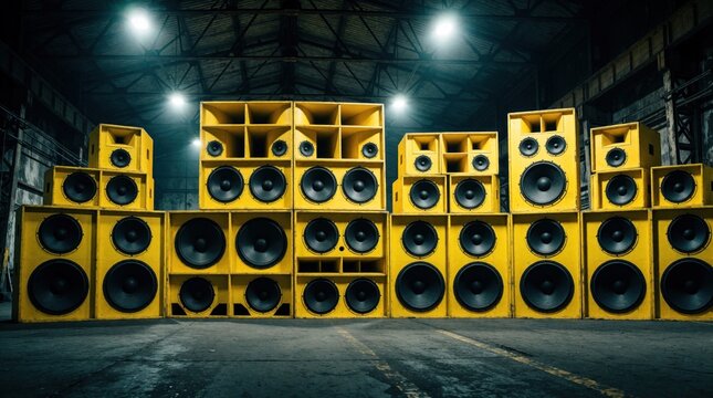 Massive yellow speaker stacks arranged symmetrically in large industrial warehouse. Huge audio sound system gear for rave techno concert. Loud bass equipment setup in dark underground club space. Pro