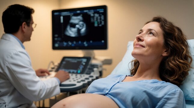 Smiling pregnant woman gets ultrasound scan in medical clinic. Expectant mother lies on hospital bed doctor performs prenatal checkup with sonogram machine. Female patient feels happy looking at