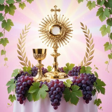 Gold monstrance, chalice stand on white table with purple grapes, green vine leaves. Sacred eucharist host shines with sunburst rays on pink background. Catholic religious celebration symbol for holy