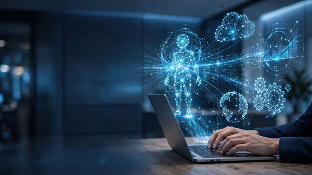 Artificial intelligence laptop hologram data automation algorithm interface technology virtual network computer create technology concept with data interface and hologram