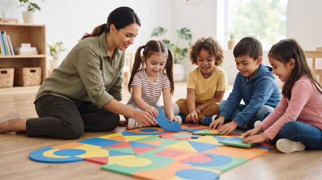 A teacher guides young children as they assemble colorful geometric foam floor puzzle pieces