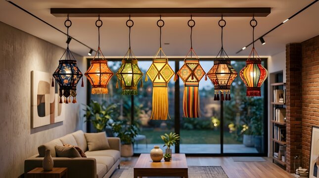 Colorful Decorative Hanging Lamps in Modern Living Room Interior