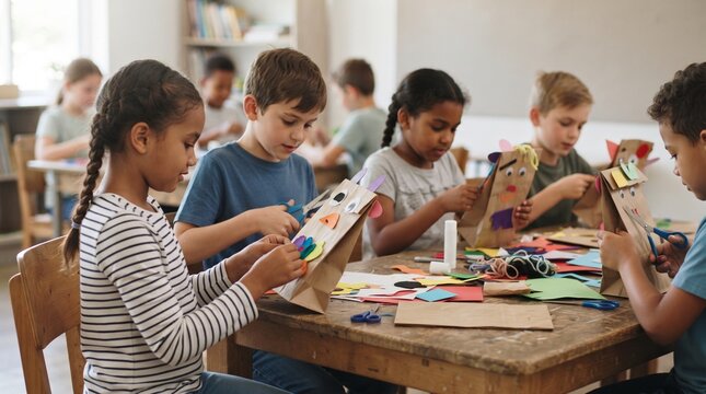 Diverse group of elementary students creating handmade paper bag puppets in a classroom setting