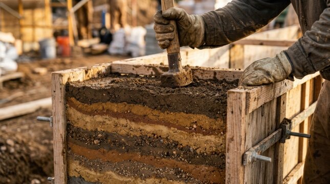 Worker's gloved hands tamping layered ochre and umber soil into wooden formwork building a rammed earth wall