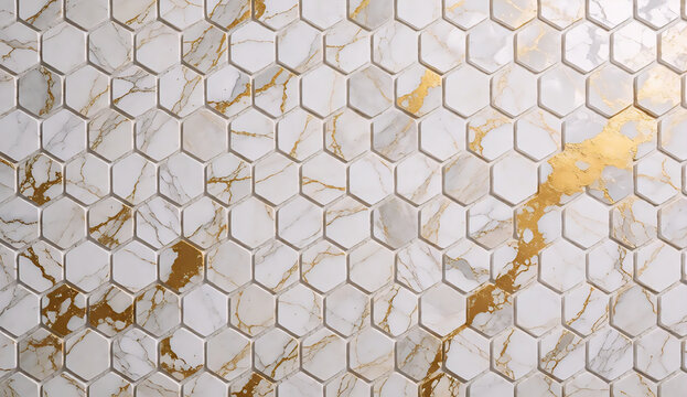 White marble mosaic wall with abstract golden liquid gold vein