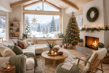 Fototapeta premium Cozy Christmas living room with fireplace, tree, snowy view