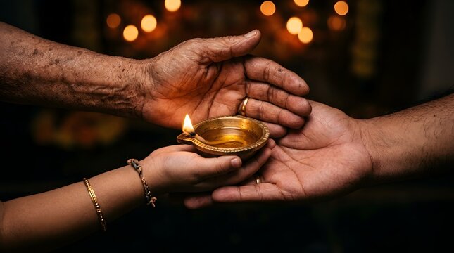 Elderly and young hands holding a burning clay lamp in ceremony