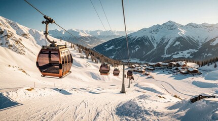 Fototapeta premium Modern gondola lift ascends snowy mountain slope at ski resort. Cable car cabin travels above white winter landscape, valley. Tourists enjoy scenic mountain view during winter vacation. Skiing,