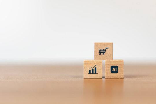 Wooden blocks featuring an AI shopping cart icon. A concept representing the future of e-commerce driven by artificial intelligence, sales automation, and digital technology.