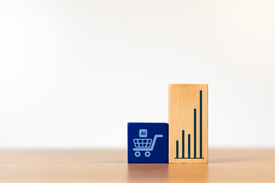 Wooden blocks featuring an AI shopping cart icon; a concept representing AI-driven online business, automation, digital marketing, and online sales.