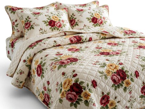 Floral quilt, pillow set on bed. Cream bedding with red rose pattern creates cozy bedroom decor. Soft textile fabric covers comfortable mattress. Elegant home interior design features vintage style