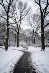 Obraz premium Snowy city park path leads through bare trees. Winter landscape features frozen ground, empty wooden bench. Cold season atmosphere in urban garden with white frost on branches, walkways. Quiet