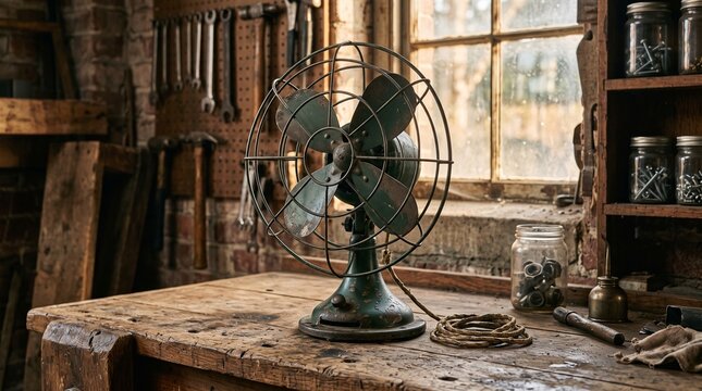 Vintage industrial metal table fan with aged green iron body on a weathered wooden desk, featuring chipped paint, subtle rust and warm nostalgic workshop lighting.