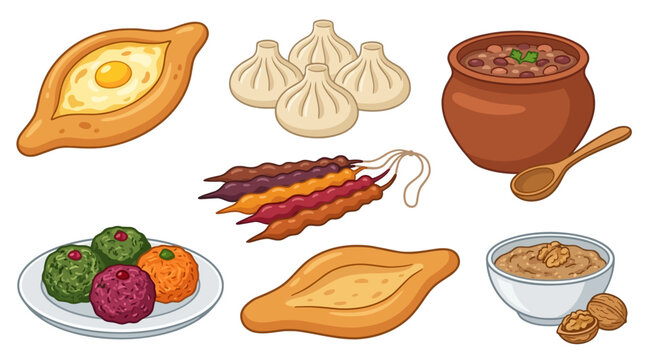 A vibrant collection of traditional Georgian cuisine, featuring Khachapuri, Khinkali, lobio, churchkhela, and Tklapi, showcasing a delicious variety of national flavors.