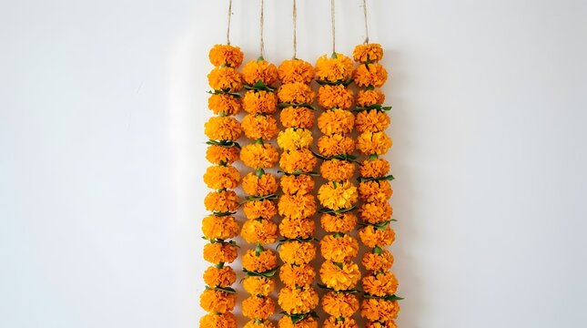 Five vertical strings of orange marigold flowers hanging on white wall
