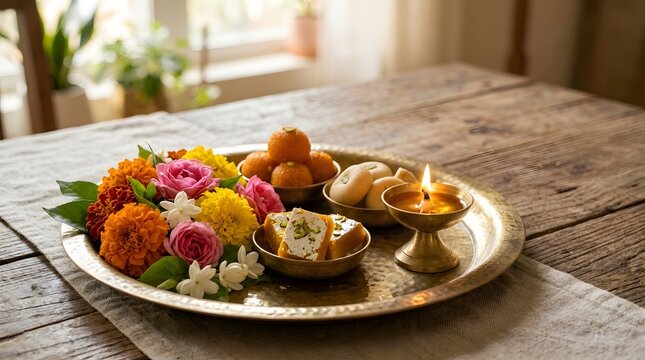 Festive brass tray with traditional sweets and flowers on wooden table