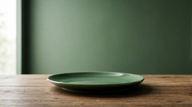 Empty green ceramic plate sits on rustic wooden table. Minimalist earthenware dish rests against solid green wall background. Clean round pottery tableware offers copy space for food mockup. Simple