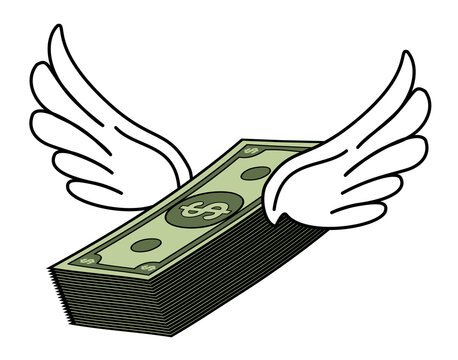 Clean cartoon vector illustration of a wad of bills flying with white wings on a transparent background