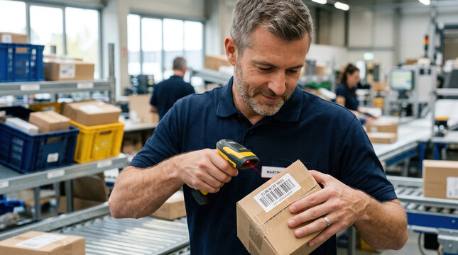 Warehouse worker scanning a package with a barcode reader. Logistics and distribution center