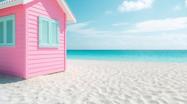 Vibrant pink beach hut with pastel blue shutters stands on white sand. Tropical bungalow near turquoise ocean water under bright blue sky. Minimalist summer vacation scene at sunny seaside resort.
