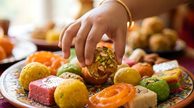 Hand picking traditional Indian sweet from colorful festive platter