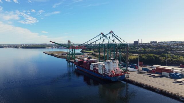 Aerial views of container ships at Halifax Port in Nova Scotia, Canada