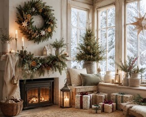 Obraz premium Cozy Christmas living room with fireplace, tree, wreath, gifts
