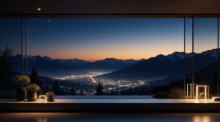 Fototapeta premium Modern luxury home interior with large glass window view of mountain range. Night city lights glow in valley below sunset sky. Minimalist living room terrace with plants, warm lamps creates calm