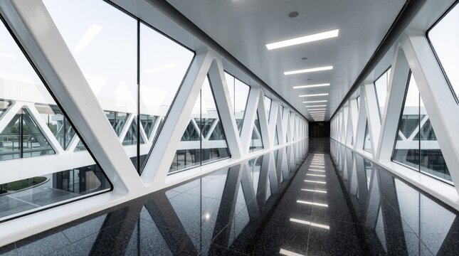 Modern glass skywalk bridge with white steel truss structure. Polished dark granite floor reflects bright ceiling lights. Minimalist pedestrian walkway connects buildings in contemporary office