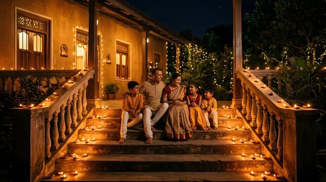 Happy family sitting on stone steps decorated with glowing oil lamps