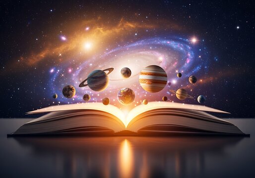 Planets and Galaxy Emerging from an Open Book Representing Cosmic Knowledge