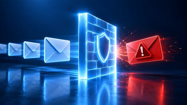 Cyber security firewall blocking red malicious email and allowing safe blue envelopes representing spam filter