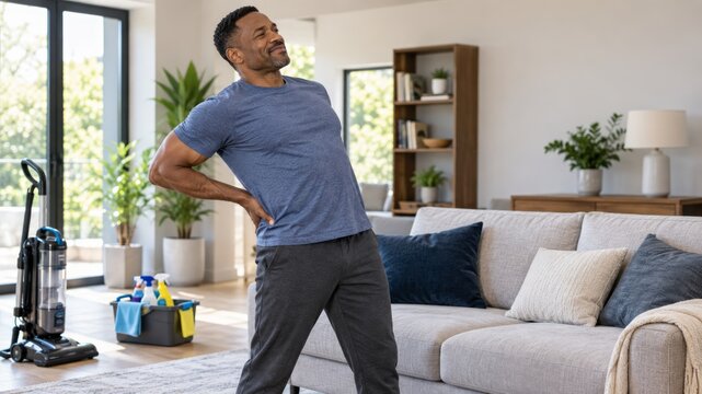 Black man stretching lower back in living room after household cleaning. concept of relaxation, self-care, domestic lifestyle.