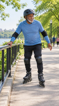 Black senior man learning inline skating in a sunny park setting, showcasing active lifestyle and outdoor exercise for healthy aging and recreation